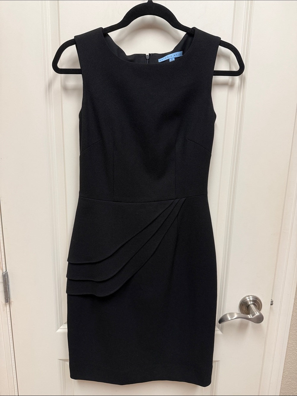 ANTONIO MELANI Black Sleeveless Sheath Dress with Draped Tier Detail